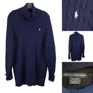 Polo Ralph Lauren Sport Turtleneck Cable Knit Long Line Sweater Dress Blue XL